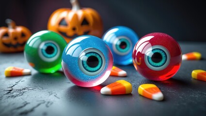 Colorful gummy eye candy on a dark background paired with classic candy corn and Jack-o-lantern treats