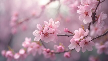 Macro shot of blooming cherry blossoms against a scenic spring backdrop