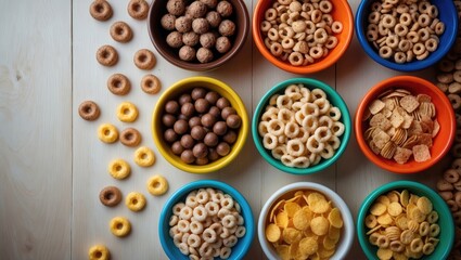 Bird's eye view of diverse cereals in bright bowls on a wooden surface