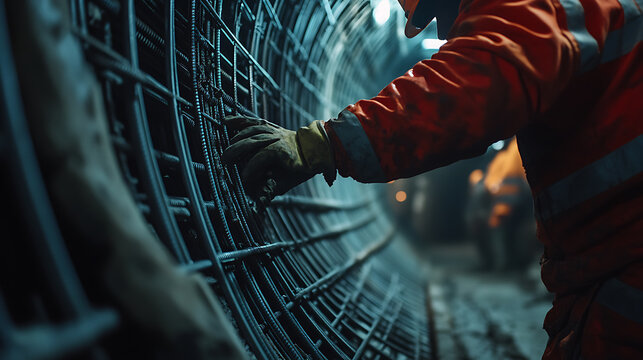 Construction Worker Handling Reinforcement Mesh in Tunnel
