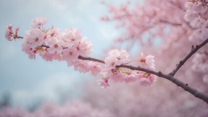 Obraz premium Beautiful sakura flowers blooming in spring above the sky