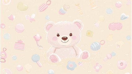 This image features a cute, light pink teddy bear at its center, surrounded by a variety of pastel colored baby toys and decorative elements on a beige background.