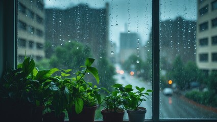 Detailed view of rain droplets on window with textured background, looking out onto rainy street from home with houseplants on windowsill