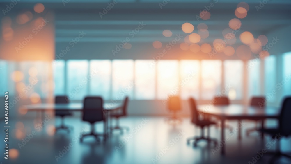 Poster blurred interior background featuring abstract light bokeh in an empty office environment