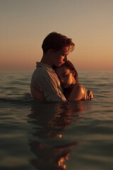 A loving couple embraces in the ocean at sunset, capturing a moment of pure connection.