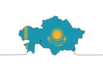Kazakhstan map with national flag colors in minimalistic outline style on white background, country shape filled with patriotic symbol for geopolitical and cultural topics