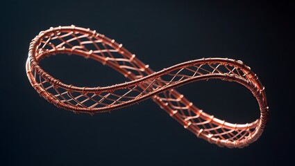 Close up of a copper wire mobius strip against a dark background with soft lighting and shadows