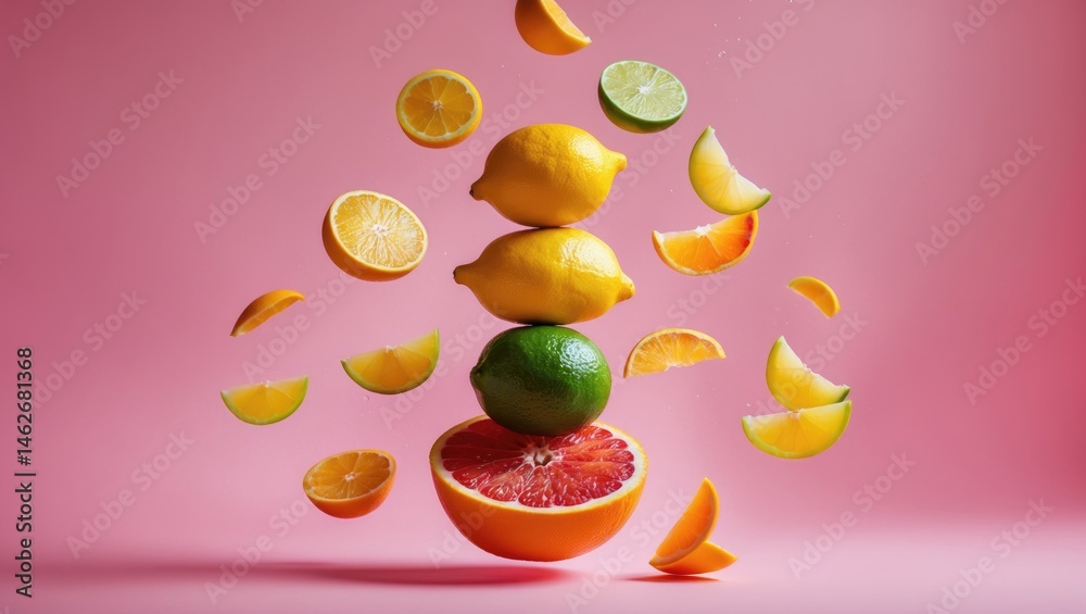 Poster Vibrant citrus slices floating against a pink backdrop with space for text