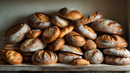 Different kinds of bread showcased on a wooden shop counter as bakery decor with a white backdrop from the top