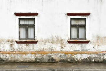 Two aged windows on a weathered white wall.  A faded, textured exterior shows signs of age with dark spots and yellow stains. A dark, horizontal trim accents each window