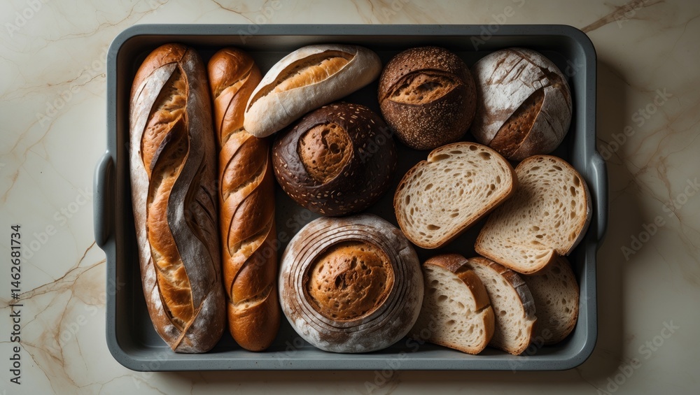 Poster selection of whole grain breads displayed on a marble surface