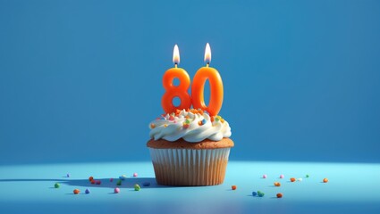 Celebratory orange candle displaying number 80 alongside a cupcake on a blue backdrop