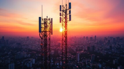 Sunset view of communication towers over a cityscape.