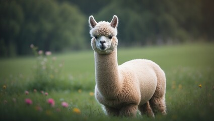 Fototapeta premium Adult alpaca in a scenic natural setting, showcasing its furry beauty