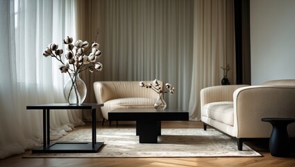 Unique coffee table alongside chic upholstered furniture in the living area of a spacious open-plan apartment with contemporary bright design