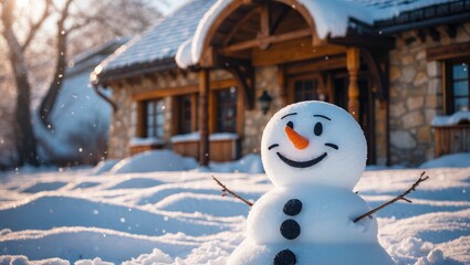 Obraz premium Frozen snowman gradually melting amid outdoor scenery and snow-covered village