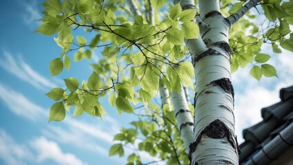 Fototapeta premium Street scene with white birch leaves