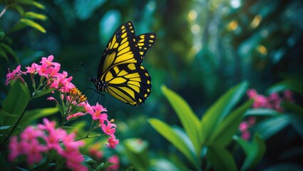 Naklejka premium Colorful Butterfly with Black and Yellow Wings Feeding on Garden Flowers