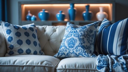 Detailed view of a modern white couch featuring blue and grey pillows, complemented by decorative accents and ambient lighting.