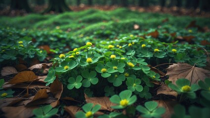 Summer scene of field with heart-shaped purple clover leaves and lush grass