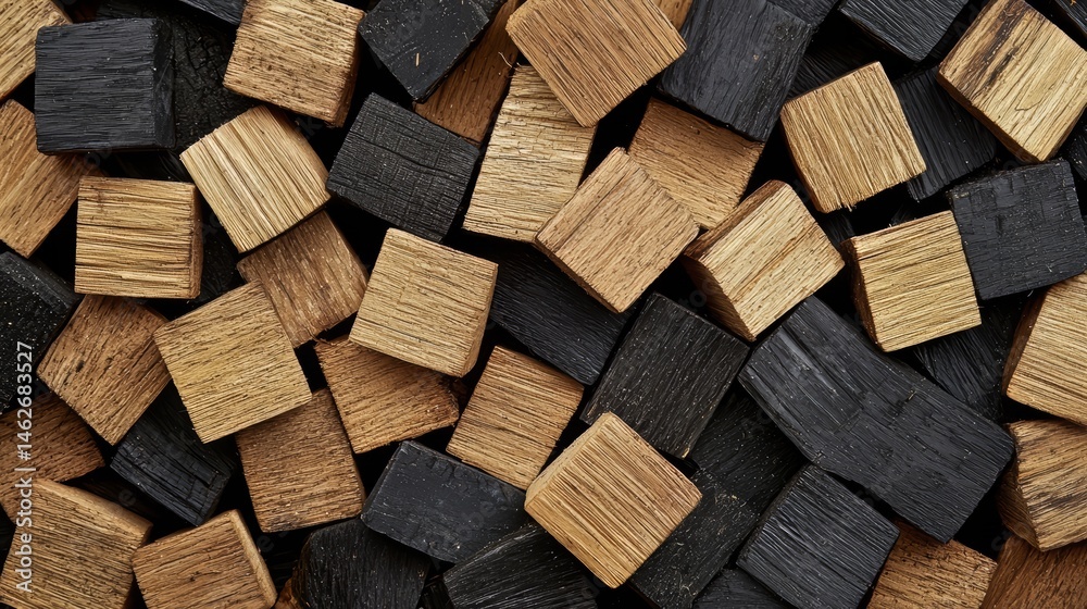 Poster pile of wood with some of it being black and some of it being brown. the pile is made up of many sma