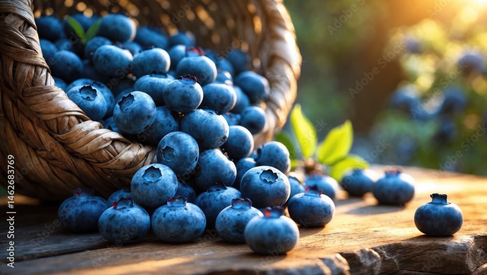 Poster fresh blueberries in a basket on a wooden table with a blurred summer background