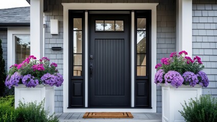 Stylish exterior door setup showing a black wooden front door with window, surrounded by flowers and gray shingles, complemented by a welcoming mat and attic vent detail.