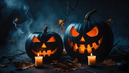 Jack O Lantern pumpkins and burning candles creating a spooky Halloween mist decoration