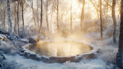 'Tranquil forest scene at dusk with a serene pond'