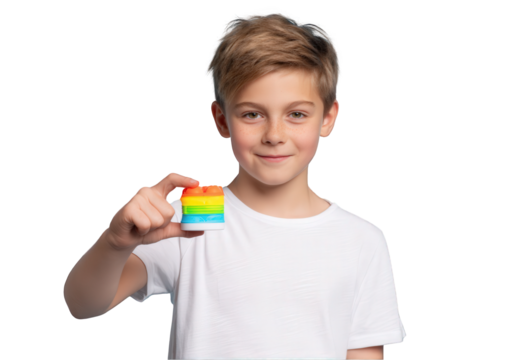 Happy boy holding colorful rainbow stacking toy playtime fun childrens educational game development creative playful on transparent background kid cute - Powered by Adobe