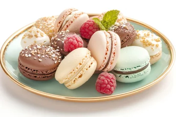 Wall murals Colorful french macarons with raspberries and mint on elegant plate