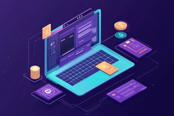 Futuristic laptop surrounded by digital currency icons.