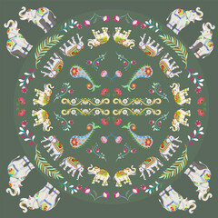 Damask flowers and animals seamless pattern with elephants for fabric and decorative design