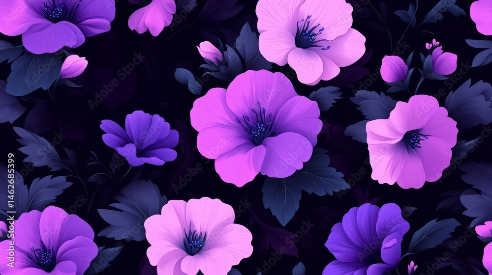 Aufkleber purple flower pattern is displayed on a black background. the flowers are purple and white, and they