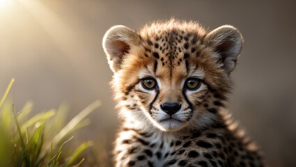 Fototapeta premium Detailed shot of a young cheetah cubâ€™s face, appearing cute and looking into the camera with a simple background