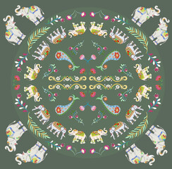 Damask flowers and animals seamless pattern with elephants for fabric and decorative design