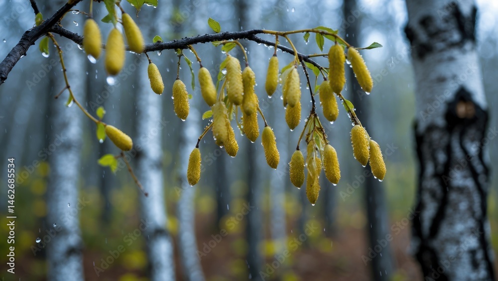 Poster birch tree catkins in bloom with raindrops, set against tree trunks and emerging leaves