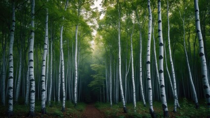 Fototapeta premium Beautiful summer landscape featuring birch grove with green and white trees on an island