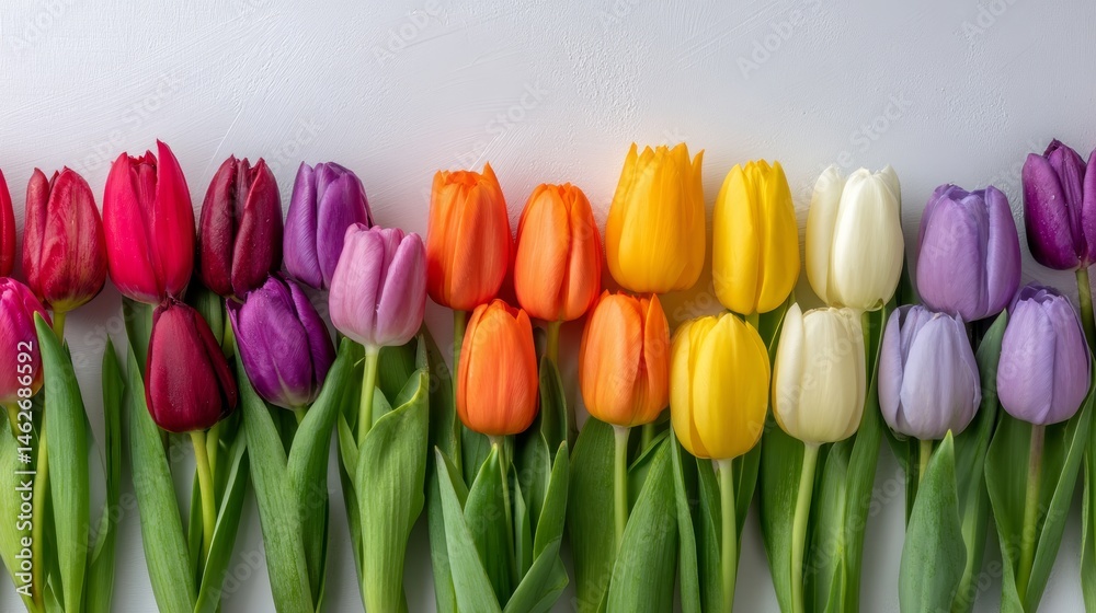 Leinwandbilder A cheerful row of multicolored tulips is carefully arranged on a pristine white background under soft natural light, creating a bright and inviting composition