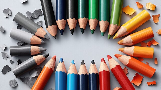 Vibrant Colored Pencil Tips in Gradient Circle with Scattered Shavings