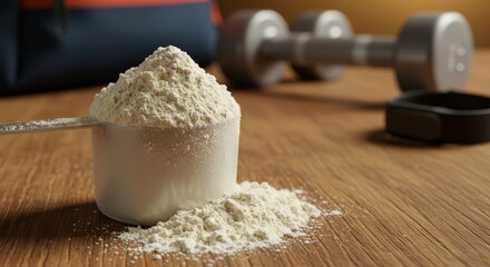 Fitness Fuel: Protein Powder for Strength and Health - Protein supplement, muscle growth, fitness goals, nutrition boost, healthy lifestyle. A scoop of protein powder sits beside weights