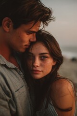 A loving couple shares a moment of affection on the beach at sunset, close and intimate.