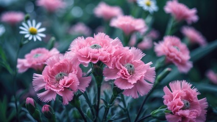 Obraz premium The charm of pink carnations highlights the beauty of blooming flowers in nature
