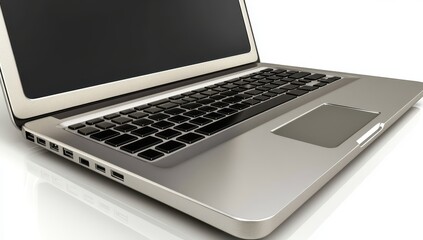 Silver laptop with a black keyboard and touch pad, angled view.  The screen is dark.  Ports are visible