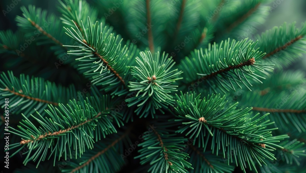 Poster zoomed-in shot of a green fluffy fir tree branch highlighting natural texture