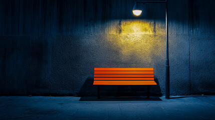 A simple orange bench under the light of an old street lamp, set against a gray concrete wall and illuminated by a soft glow