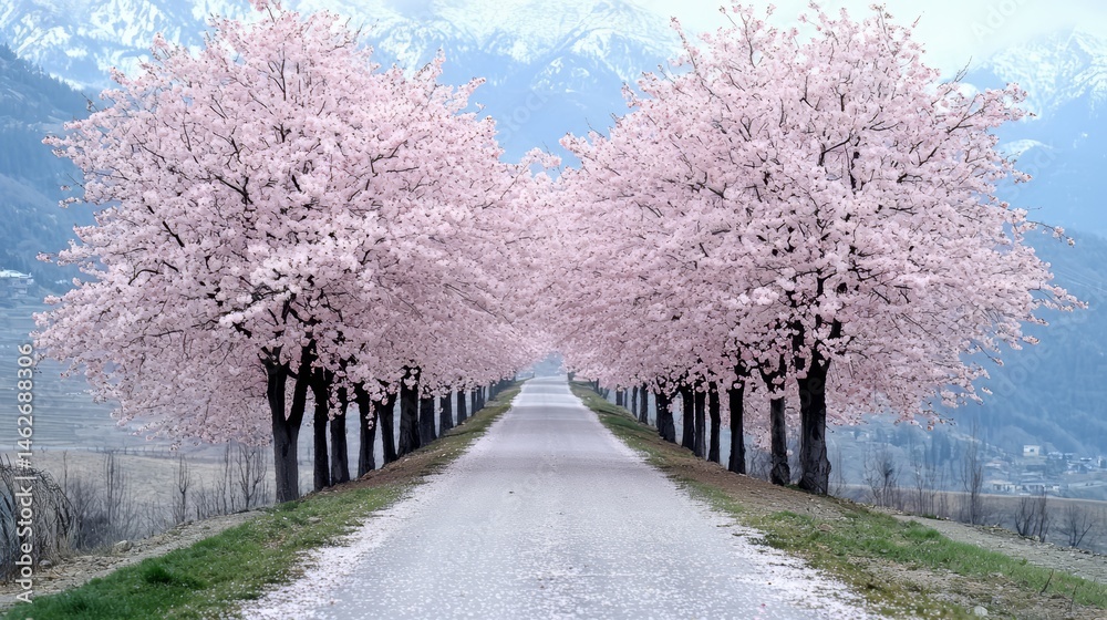 Poster road lined with cherry trees in the middle of a snowy mountain. the trees are pink and the sky is bl