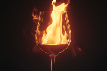 A glass of wine engulfed in flames against a dark background, creating a dramatic visual effect