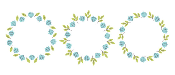 Floral simple circle frame. Hand drawn botanical round border, floral wreath, laurel. Design for invitation, card, banner, logo. Vector illustration in flat style