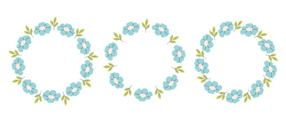 Floral simple circle frame. Hand drawn botanical round border, floral wreath, laurel. Design for invitation, card, banner, logo. Vector illustration in flat style